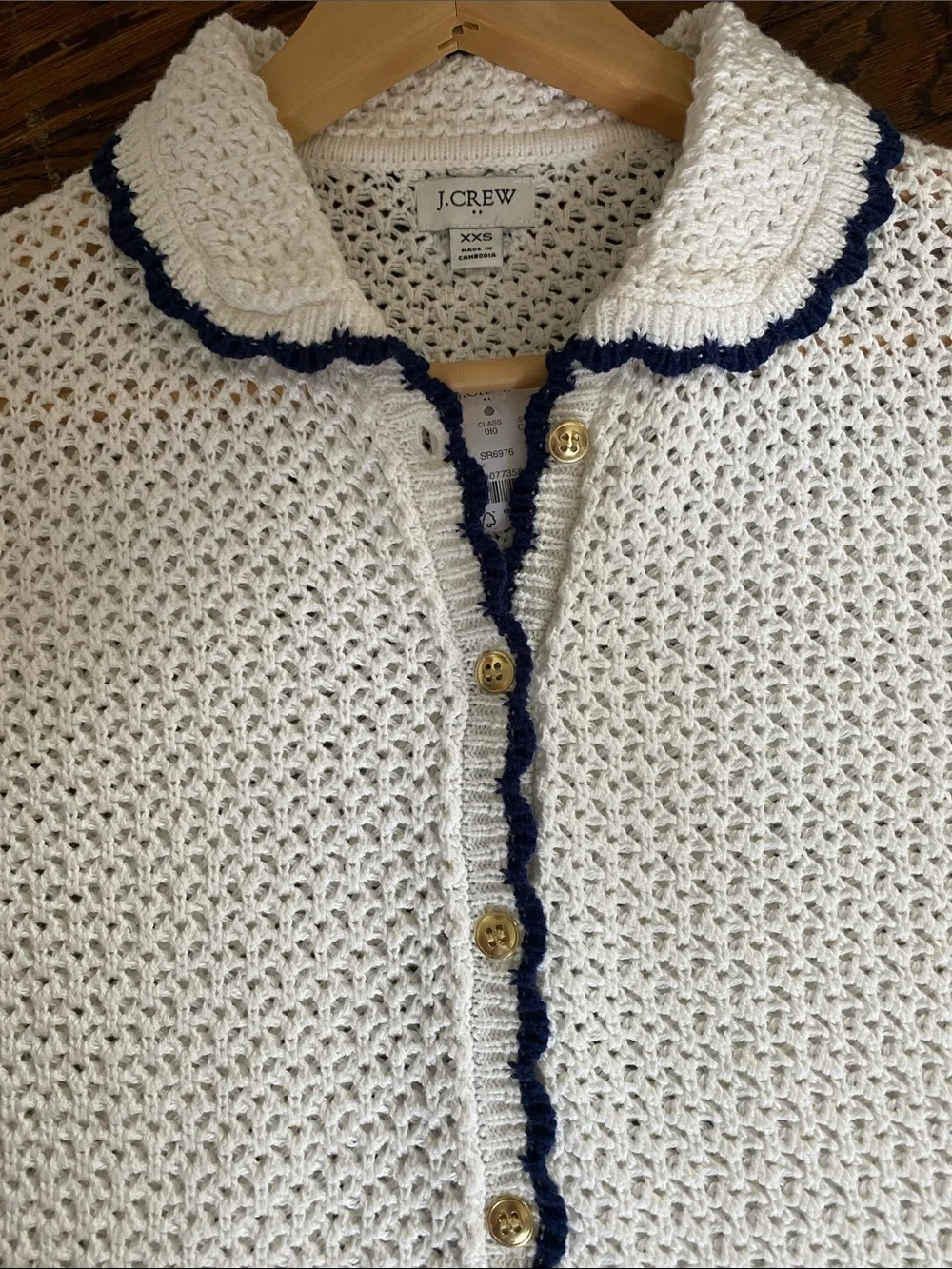 NWT J. Crew Cream Knit Short Sleeve Cardigan with Navy Trim Sz XXS
